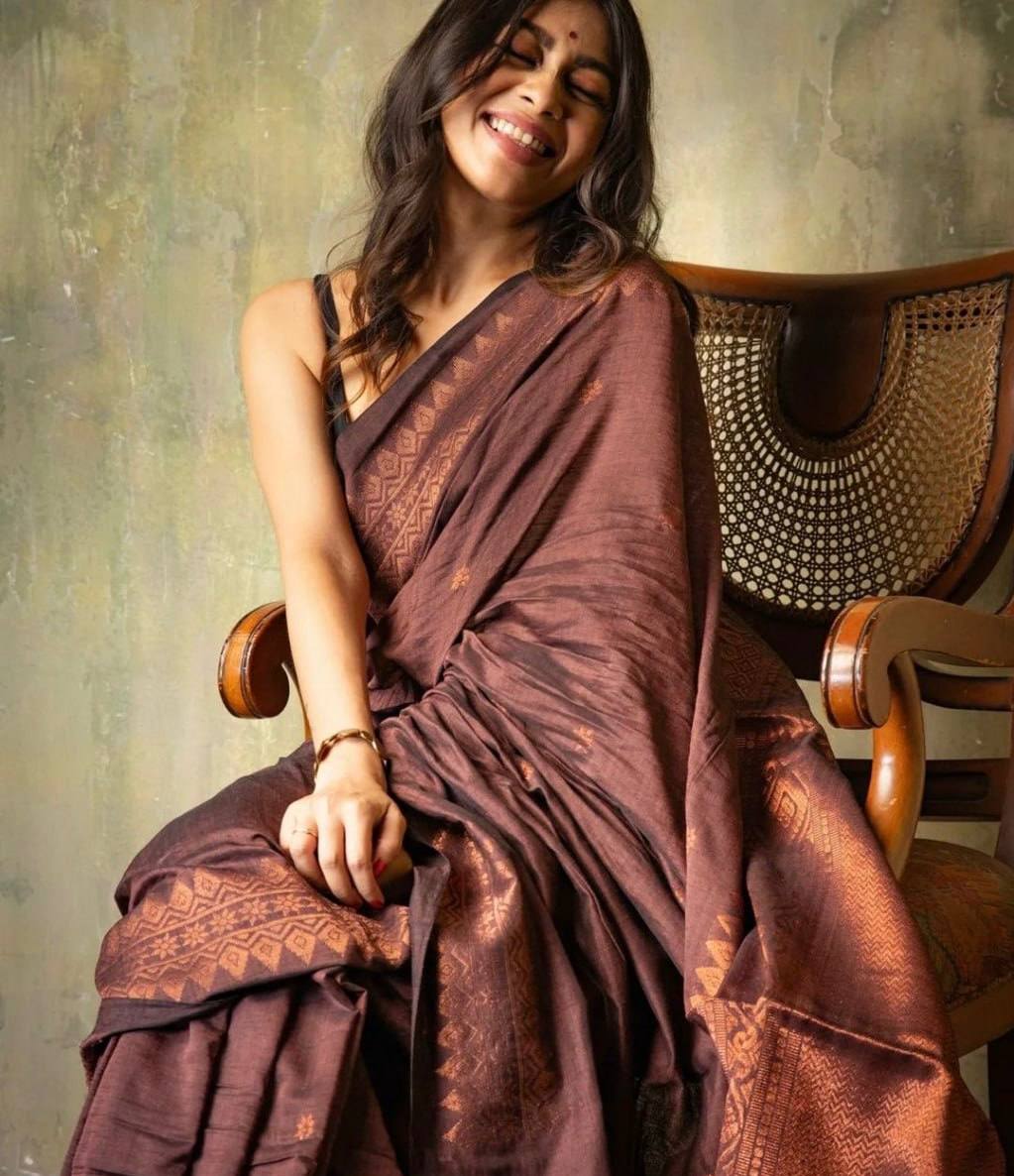 Elegant Chocolate Brown Silk Saree with Golden Zari Border