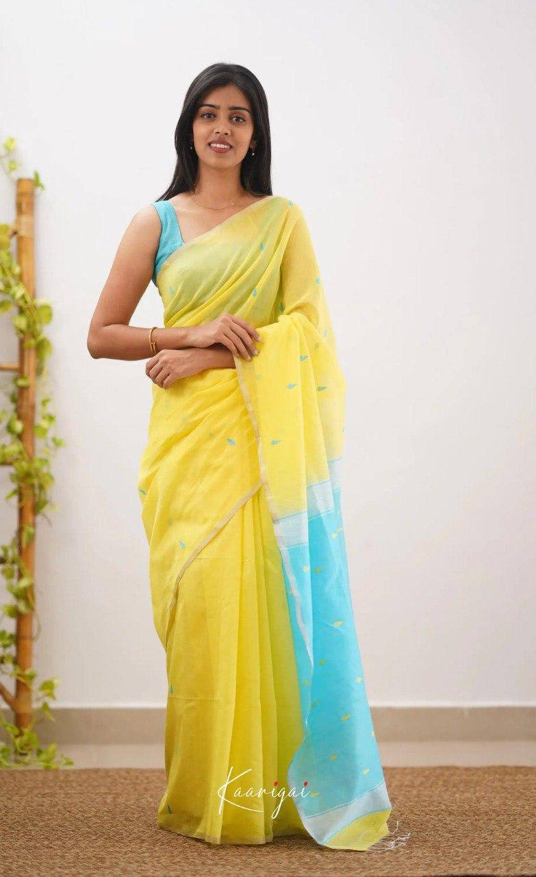 Yellow Linen Saree with Blue Border and Buttas