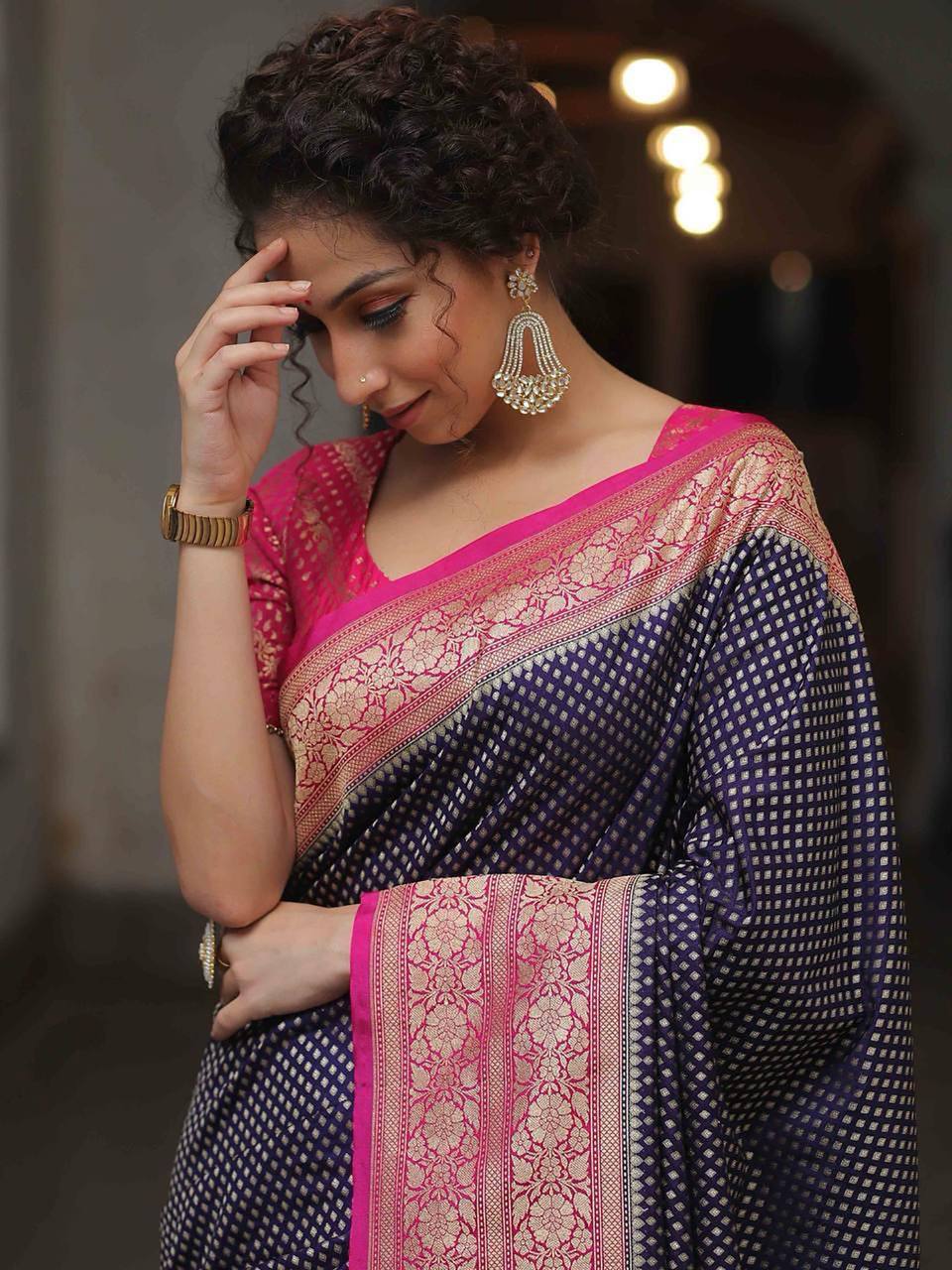 Black Banarasi Silk Saree with Pink Zari Border
