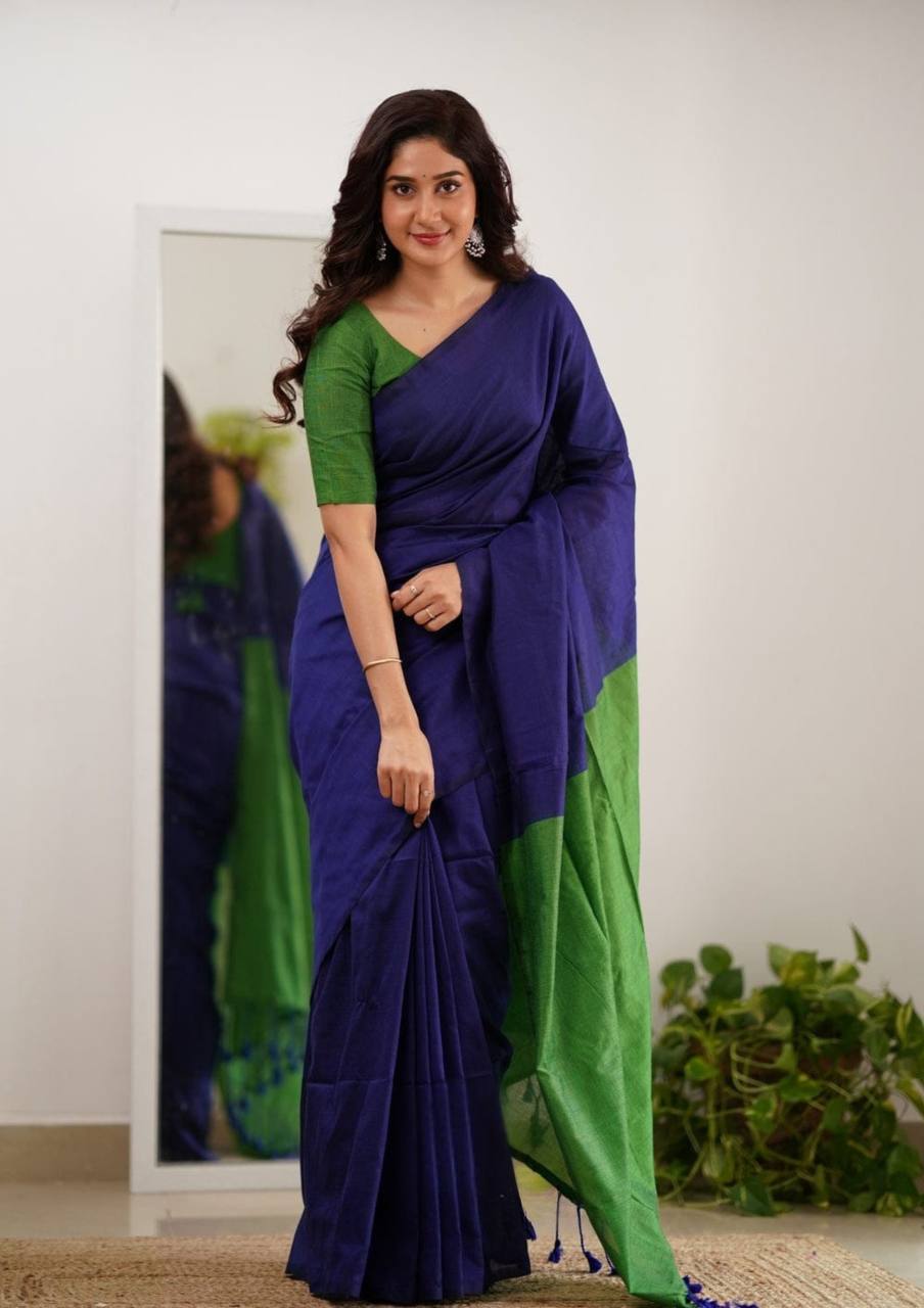 Elegant Blue and Green Silk Saree with Contrast Border