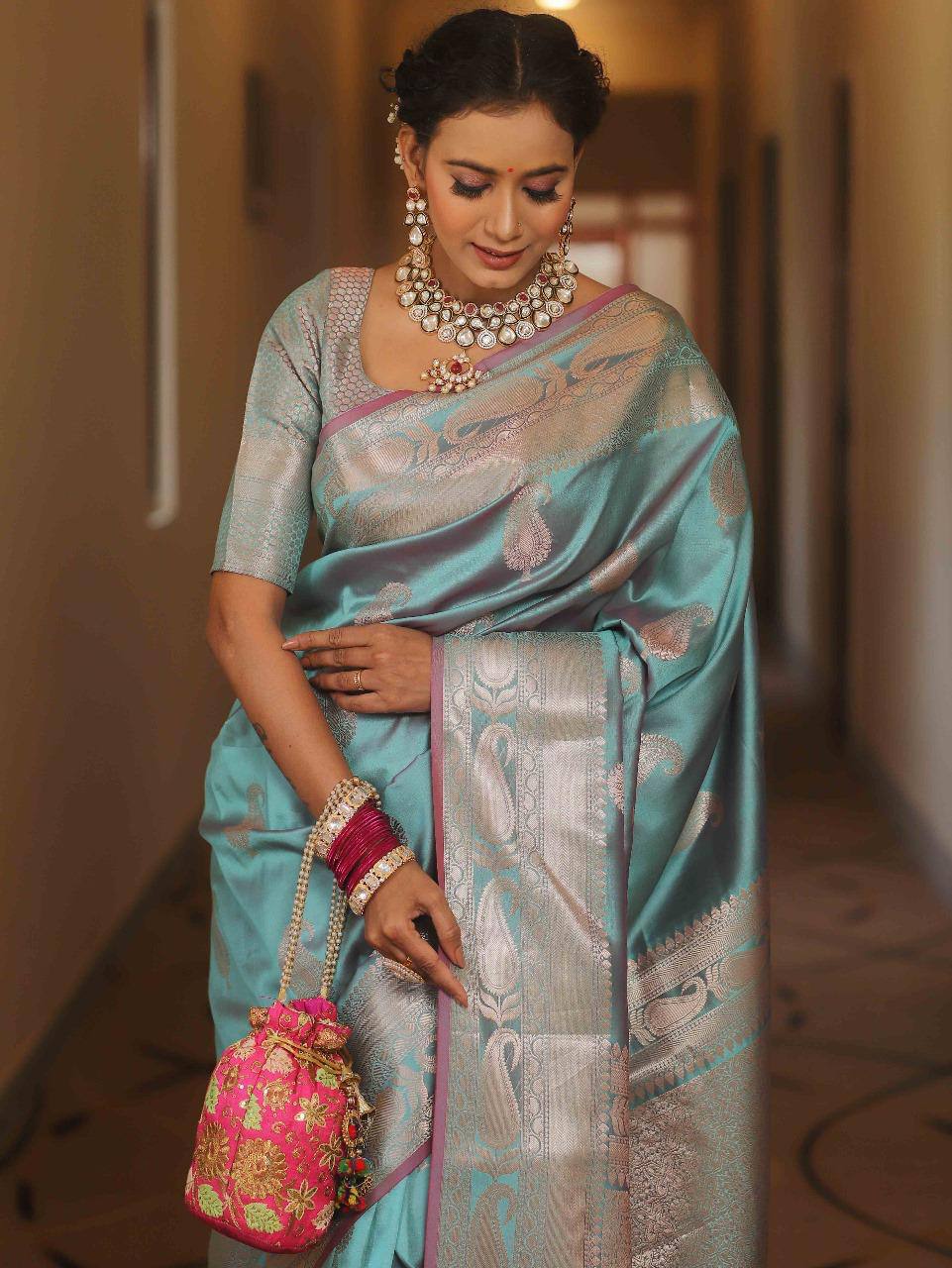 Elegant Turquoise Blue Kanjivaram Silk Saree with Silver Zari Border