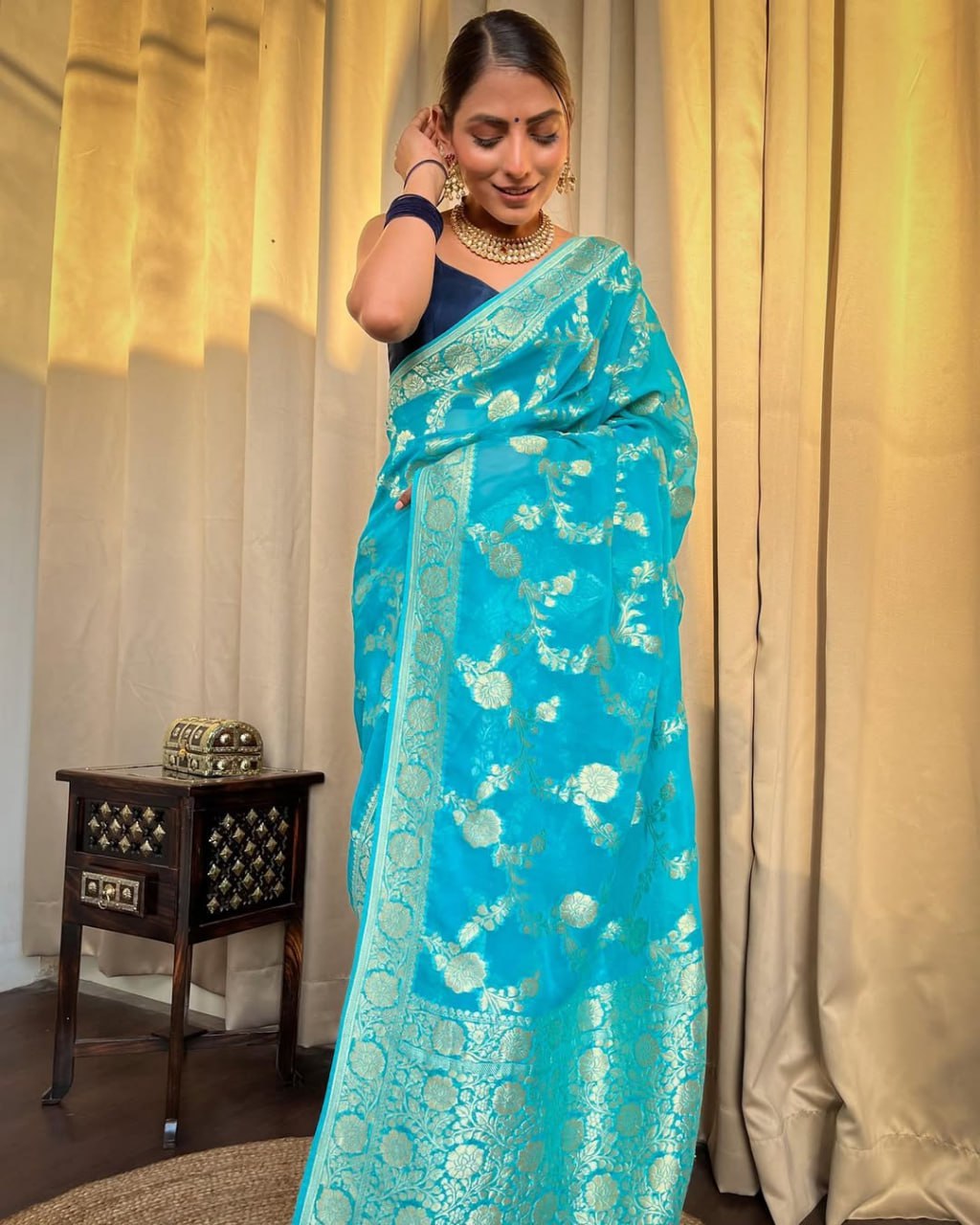 Turquoise Blue Banarasi Silk Saree with Gold Zari Work