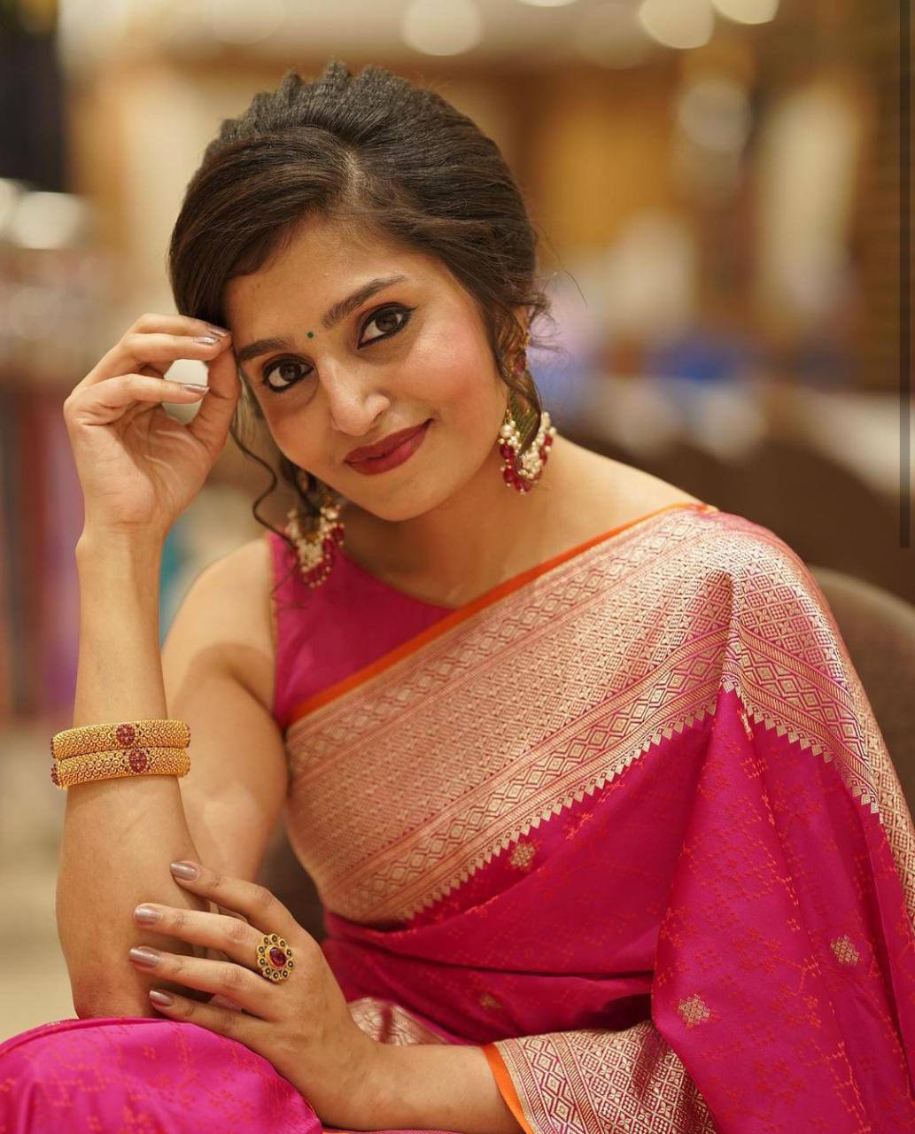 Pink Silk Saree with Golden Zari Border and Buti Work