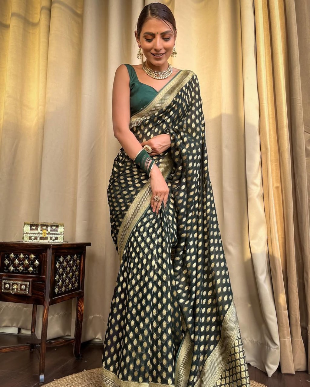 Dark Green Banarasi Silk Saree with Golden Zari Weaving