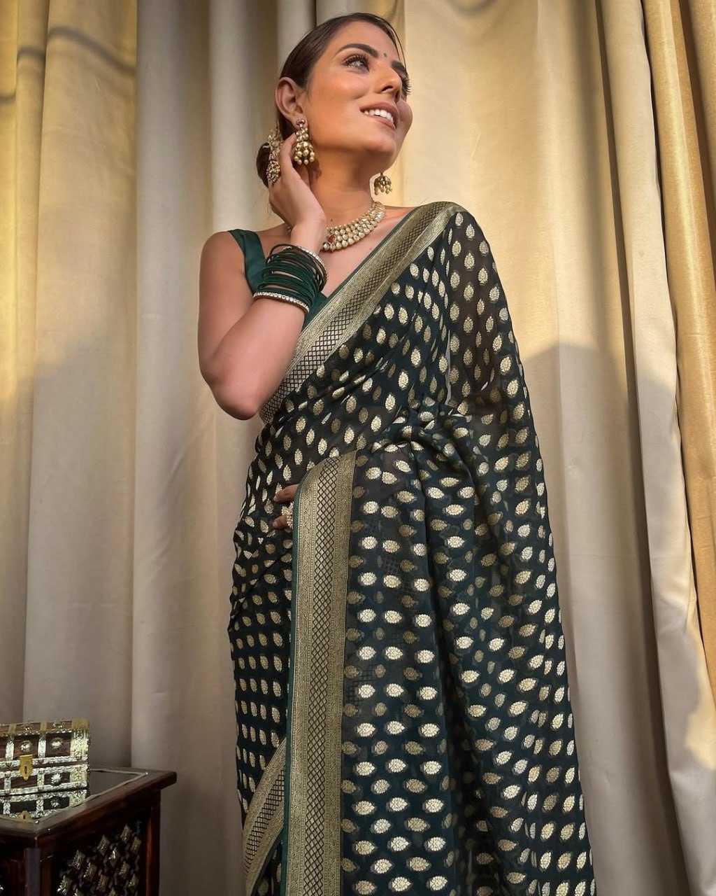 Dark Green Banarasi Silk Saree with Golden Zari Weaving