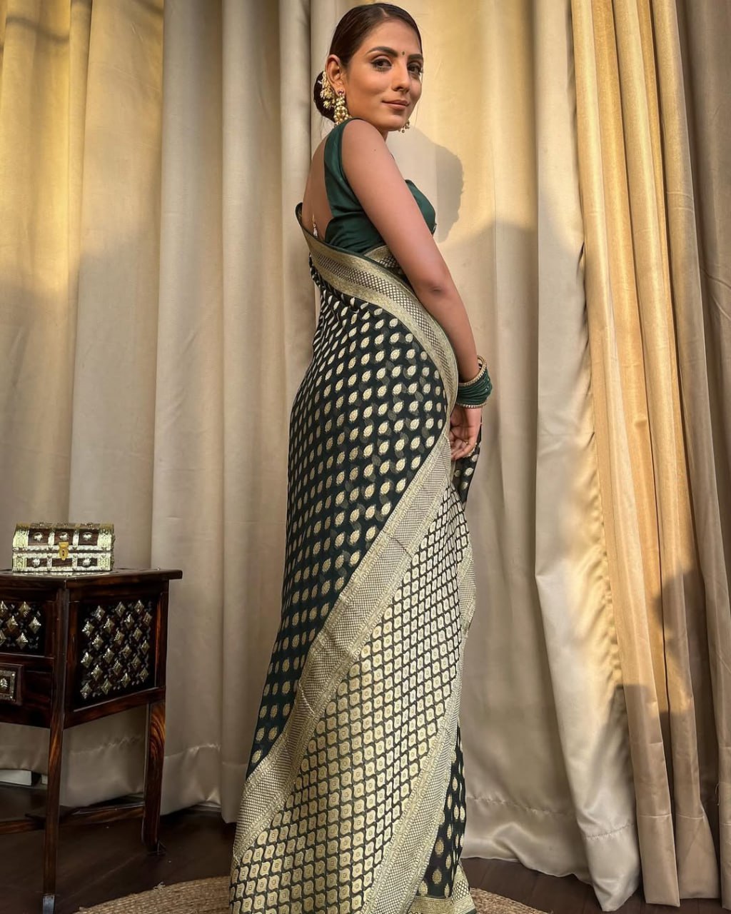 Dark Green Banarasi Silk Saree with Golden Zari Weaving