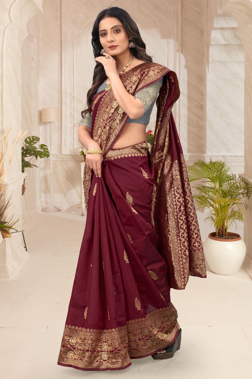Maroon Banarasi Silk Saree with Gold Zari Border and Blouse