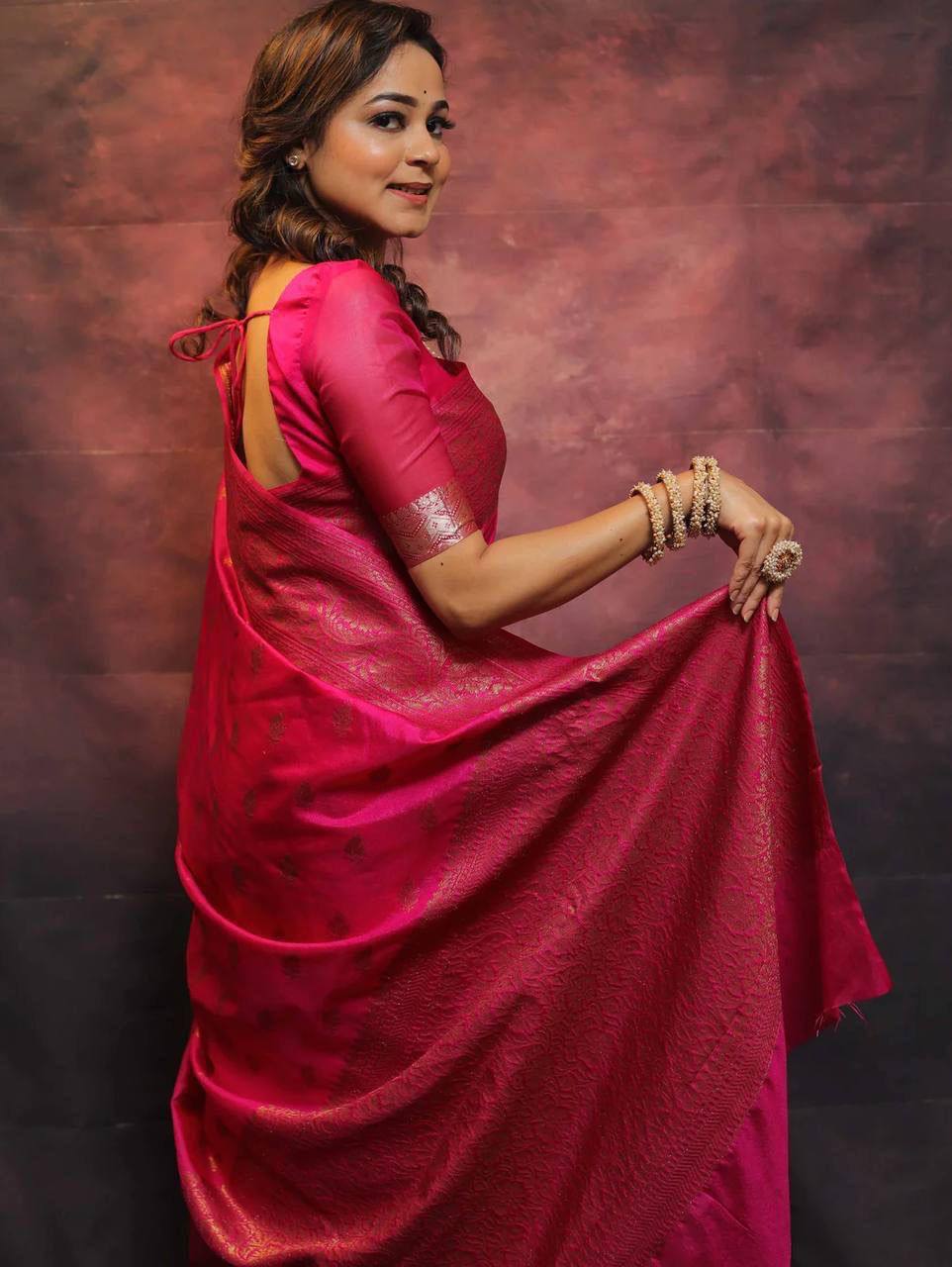 Vibrant Pink Banarasi Silk Saree with Gold Zari Work