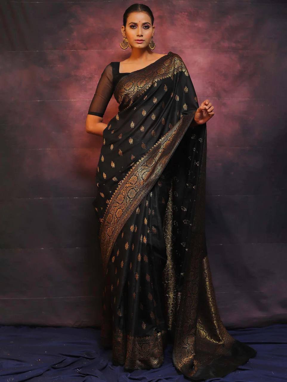Black Silk Saree with Golden Zari Weaving and Sheer Blouse