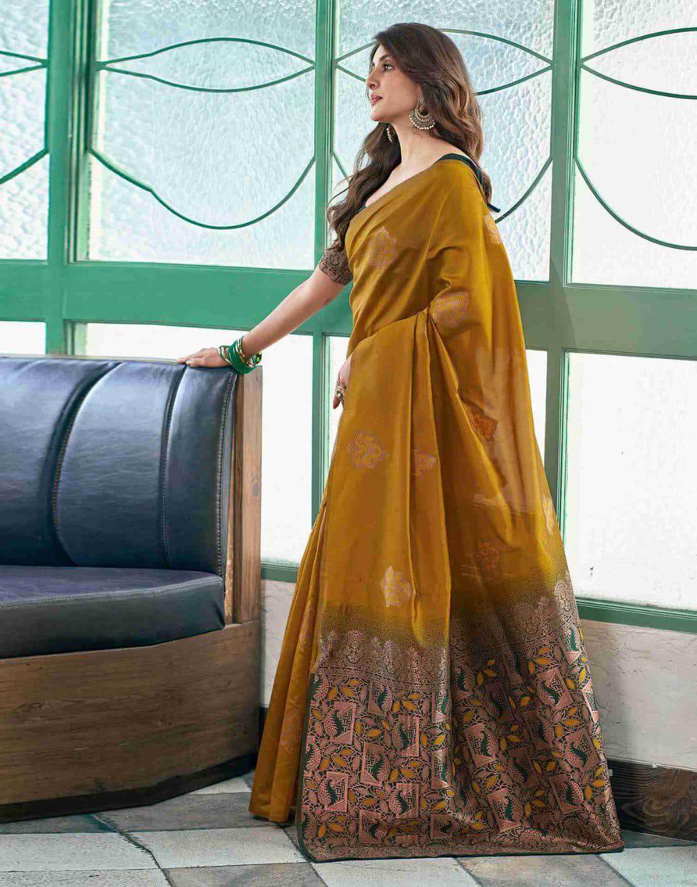 Mustard Yellow Banarasi Silk Saree with Embroidered Border and Green Blouse