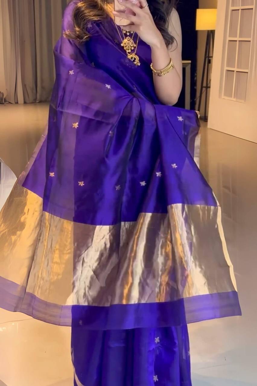 Royal Blue Silk Saree with Golden Border and Embroidered Blouse