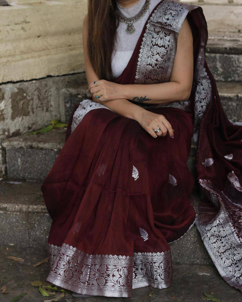 Maroon Banarasi Silk Saree with Silver Zari Border