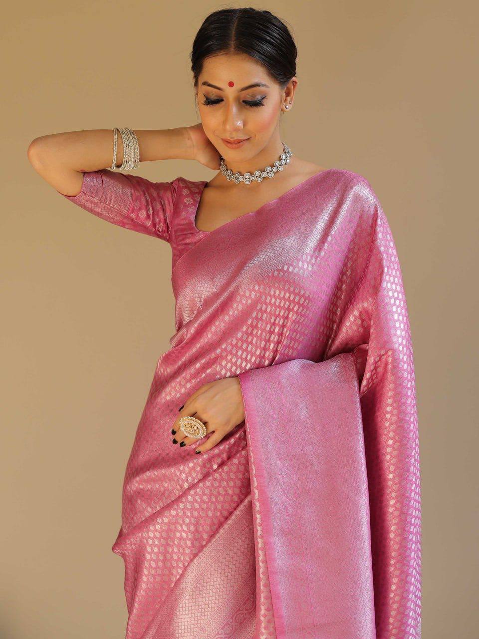 Pink Banarasi Silk Saree with Zari Work