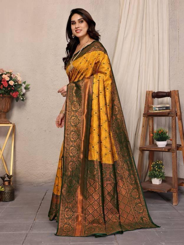 Mustard Yellow and Green Silk Saree with Woven Border