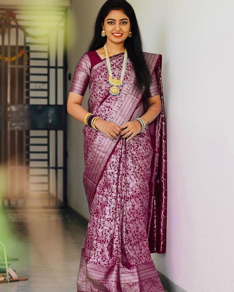 Banarasi Silk Saree with Intricate Woven Design in Wine Purple
