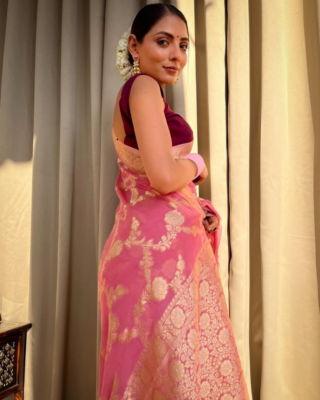 Pink Banarasi Silk Saree with Gold Zari Work and Maroon Blouse