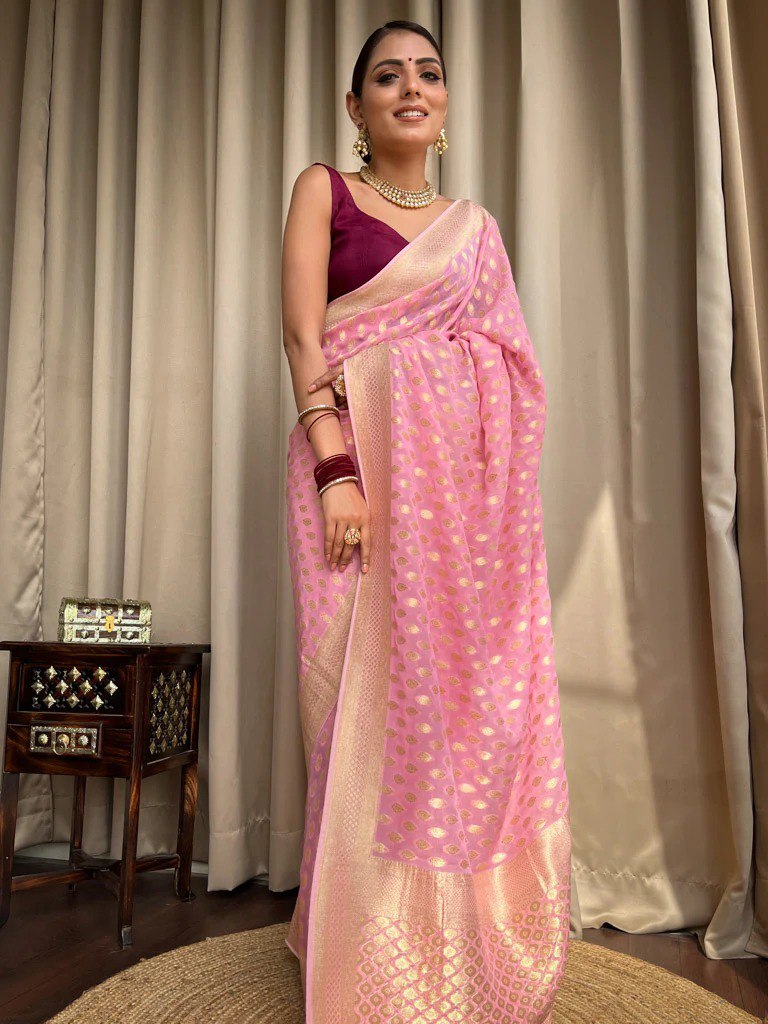 Pink Banarasi Silk Saree with Golden Zari Work