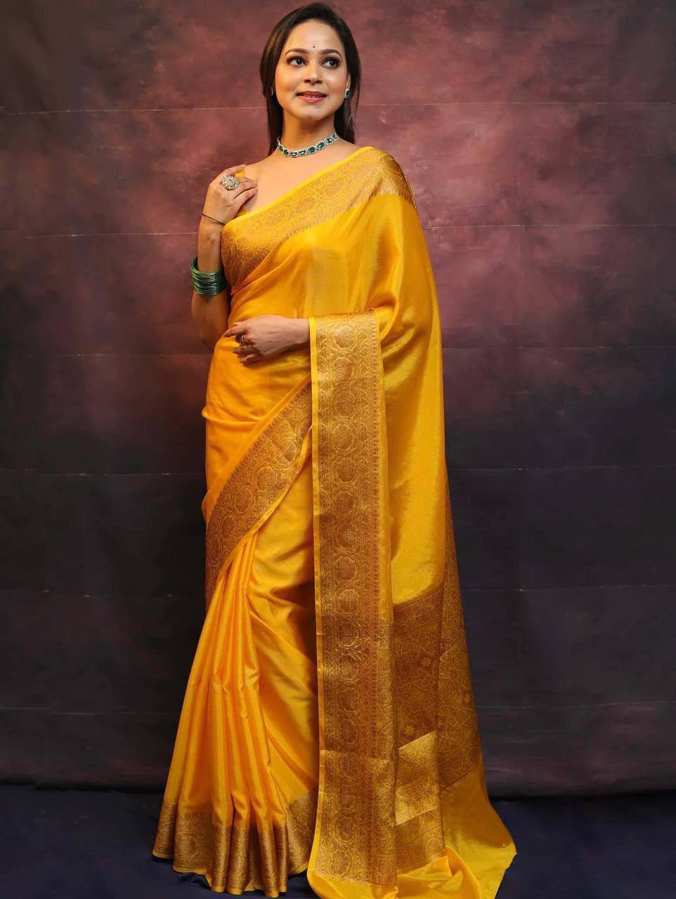 Elegant Yellow Silk Saree with Golden Border