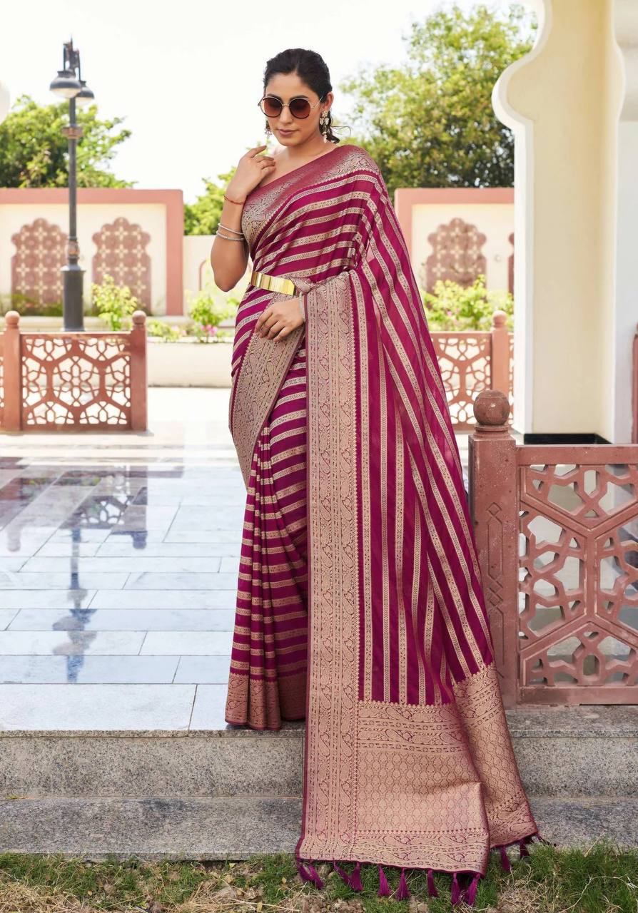 Traditional Banarasi Silk Saree with Striped Pattern and Golden Zari Border
