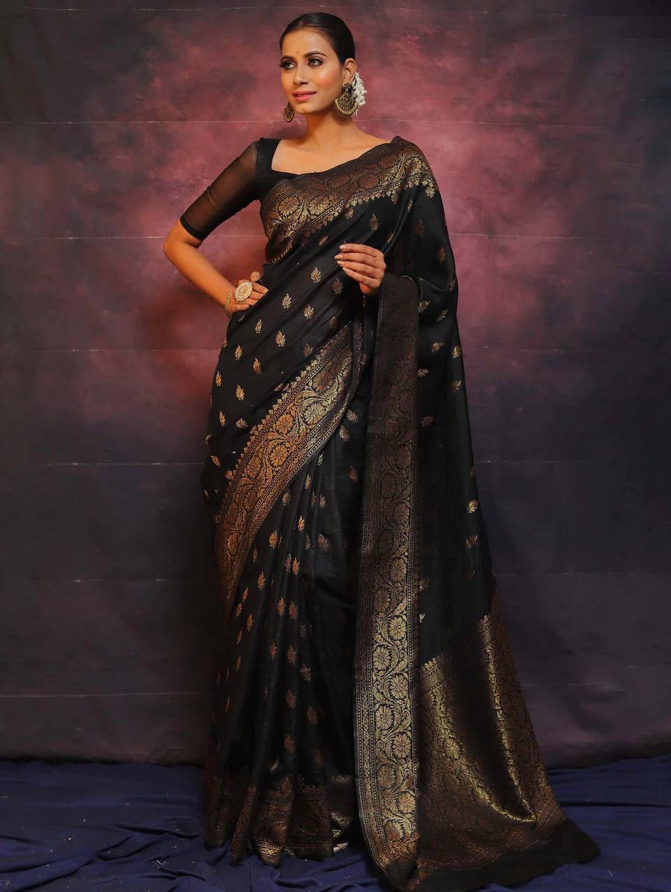 Black Silk Saree with Golden Zari Weaving and Sheer Blouse