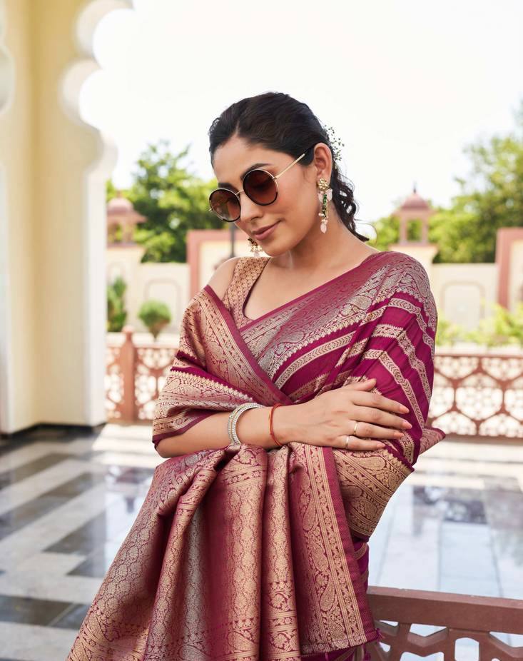 Traditional Banarasi Silk Saree with Striped Pattern and Golden Zari Border