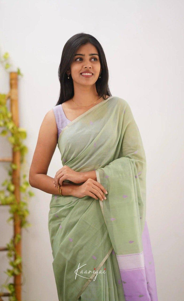 Pastel Green Linen Saree with Lavender Border