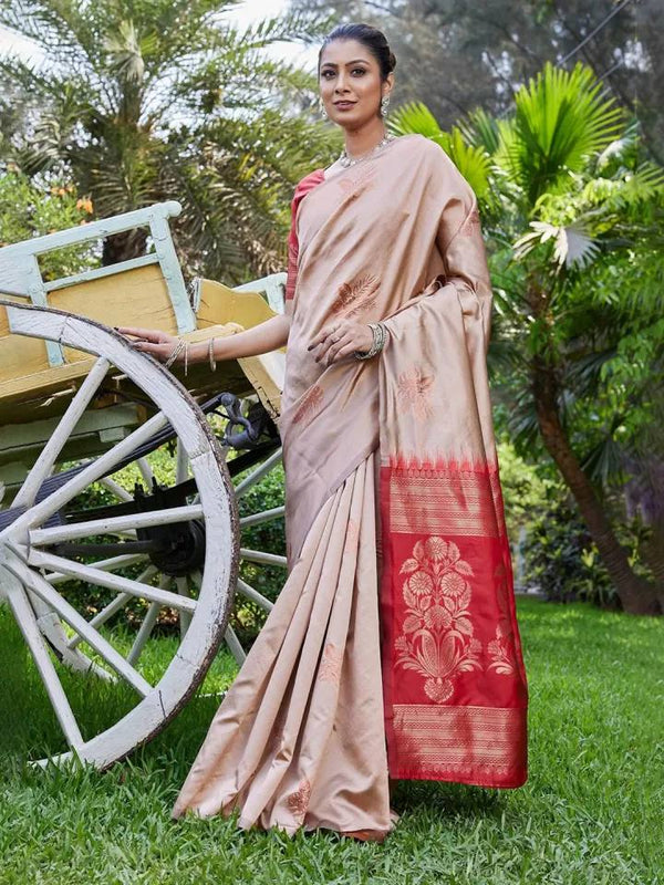 Elegant Beige and Red Silk Saree with Zari Work