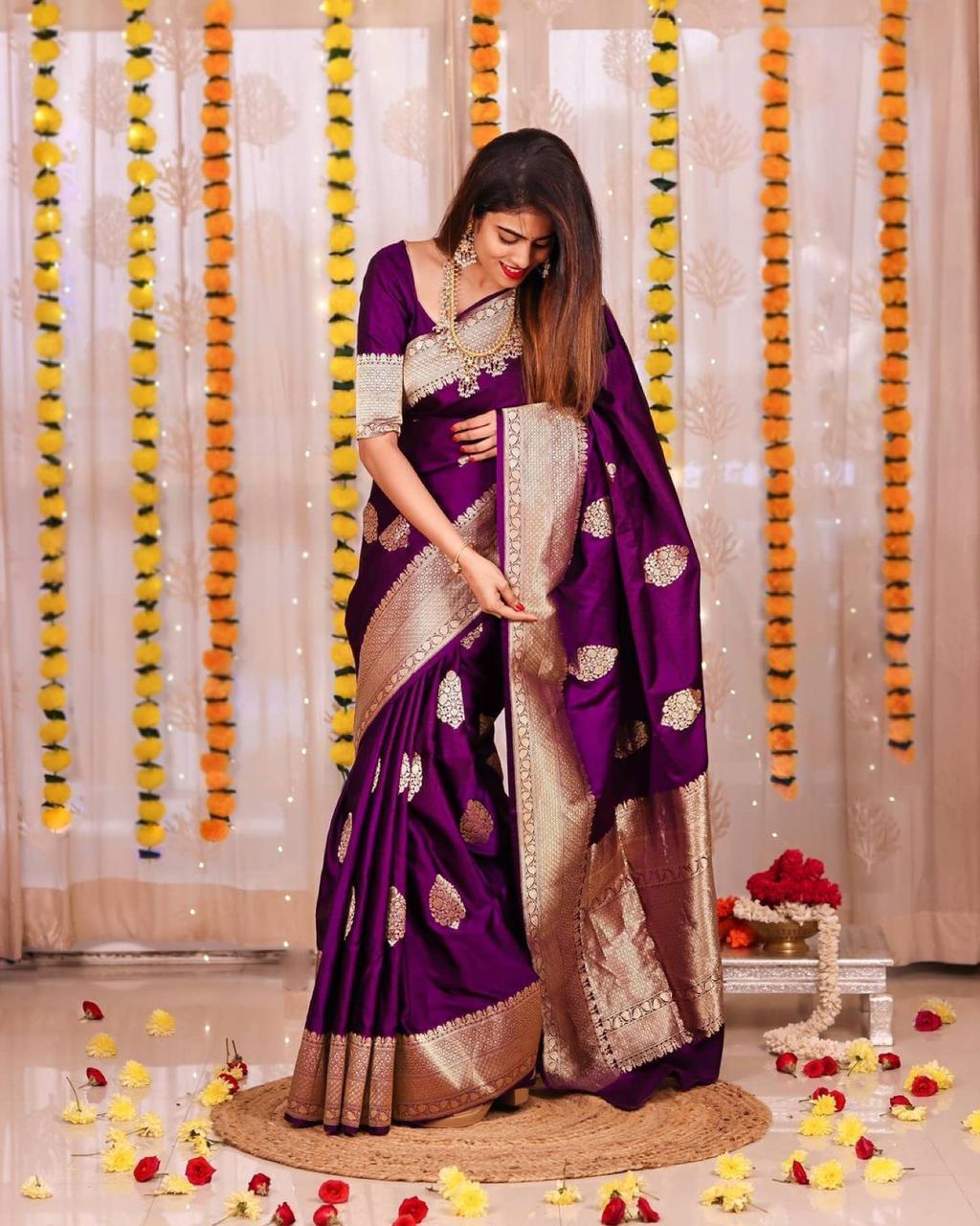 Purple Banarasi Silk Saree with Golden Zari Work
