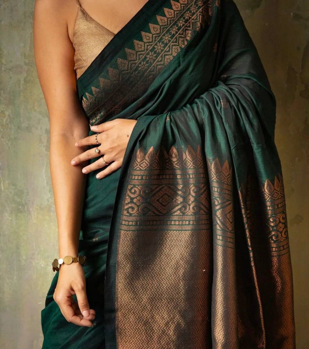 Women's Handloom Silk Saree with Woven Border in Deep Green and Bronze