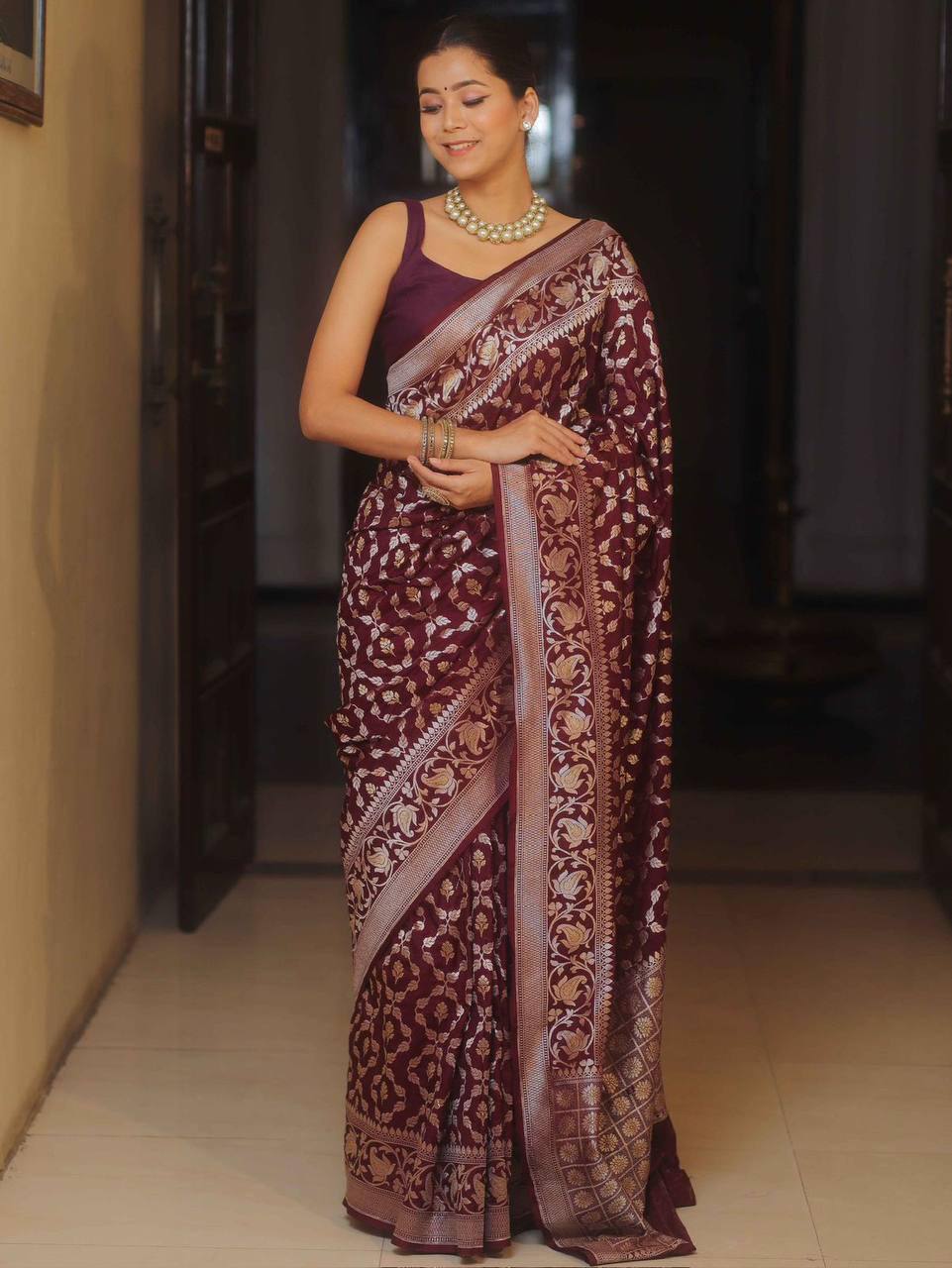 Burgundy Banarasi Silk Saree with Floral Zari Work