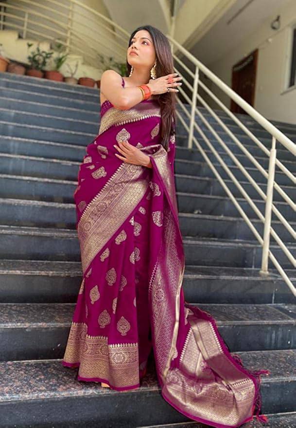 Magenta Banarasi Silk Saree with Golden Zari Work