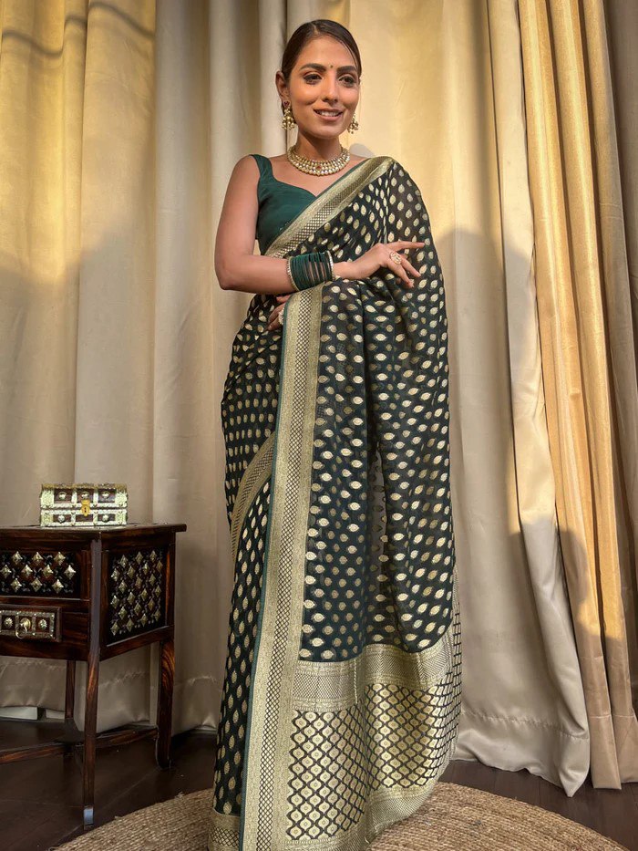 Dark Green Banarasi Silk Saree with Golden Zari Weaving