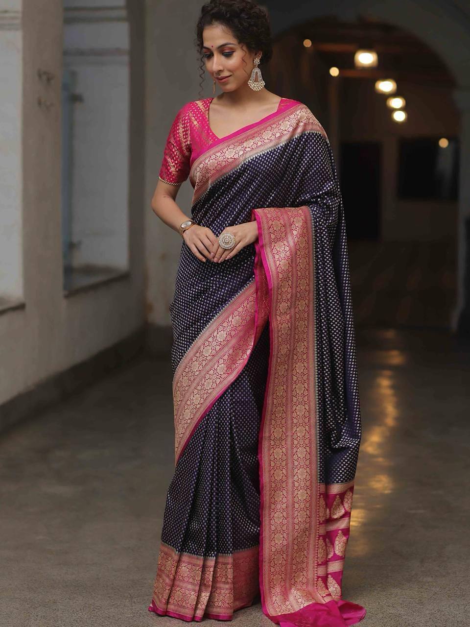 Black Banarasi Silk Saree with Pink Zari Border