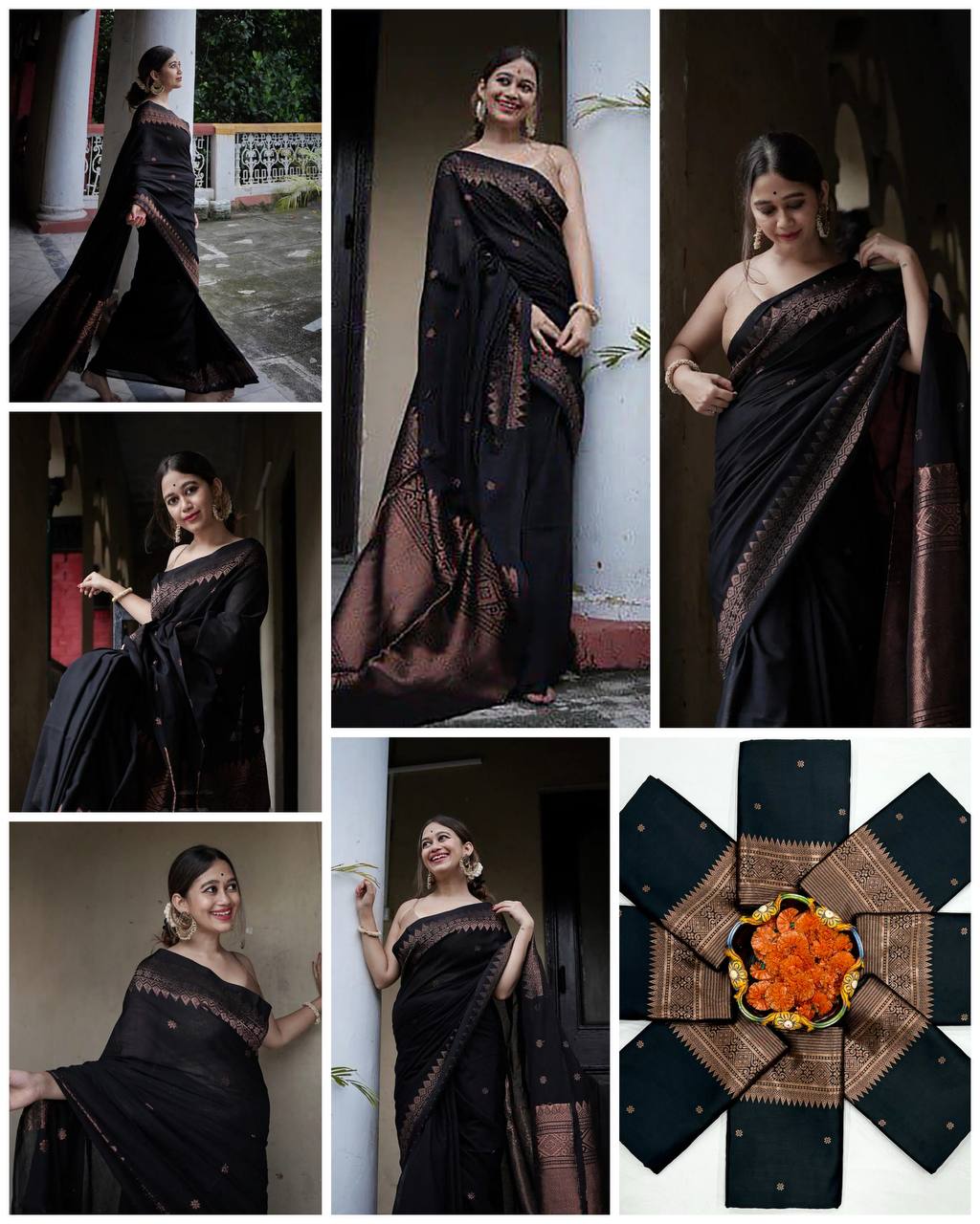 Black Tissue Saree with Copper Border and Ethnic Motifs