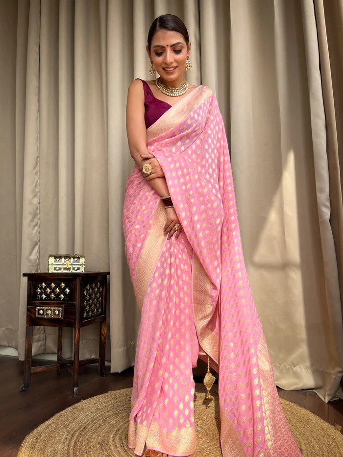 Pink Banarasi Silk Saree with Golden Zari Work