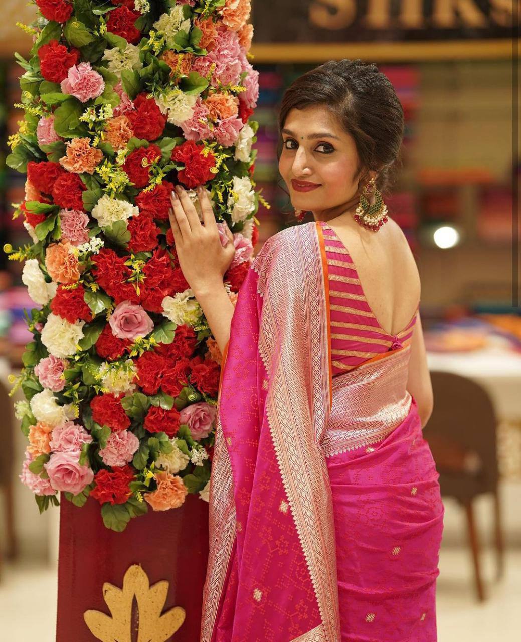 Pink Silk Saree with Golden Zari Border and Buti Work