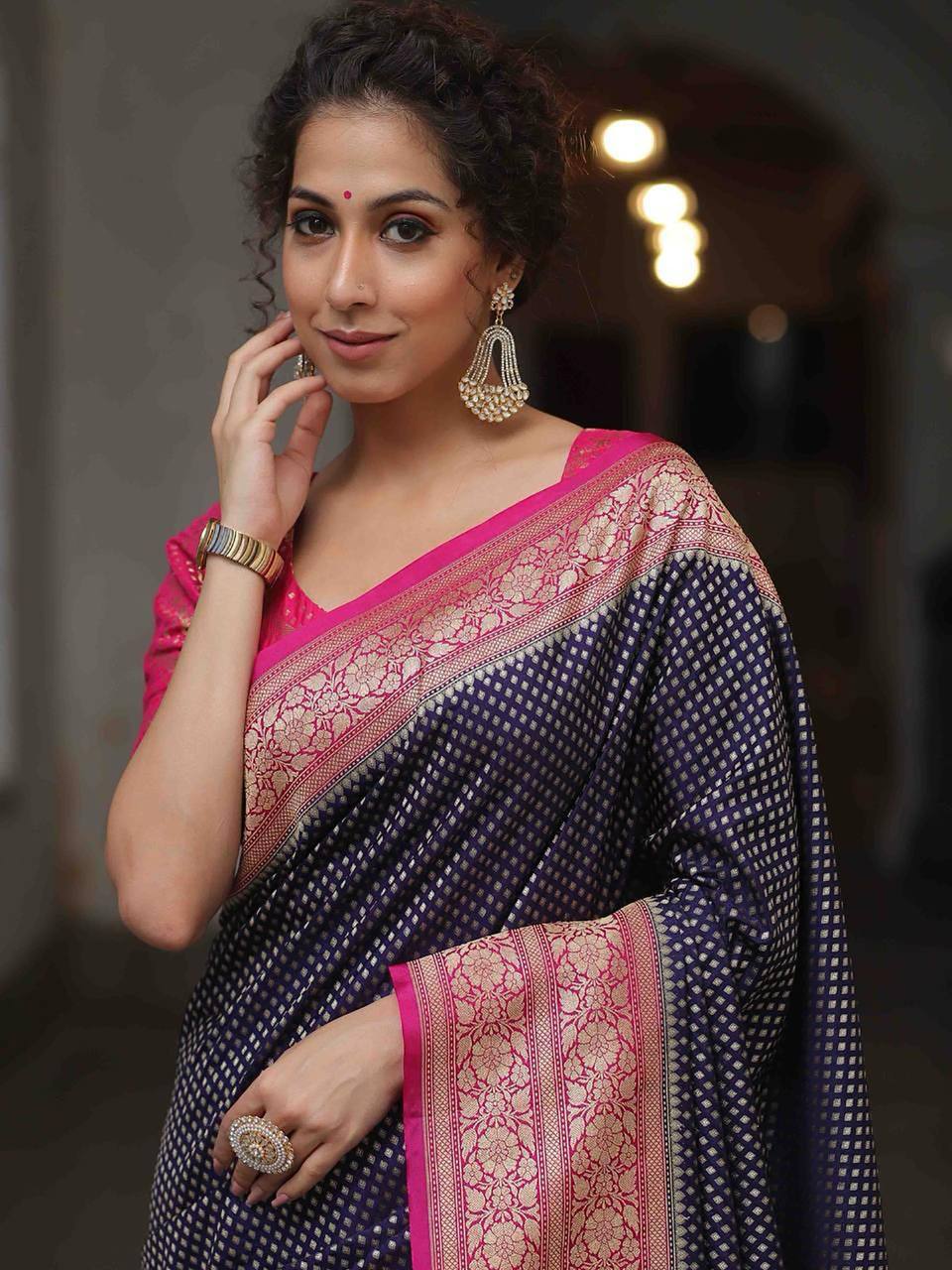 Black Banarasi Silk Saree with Pink Zari Border