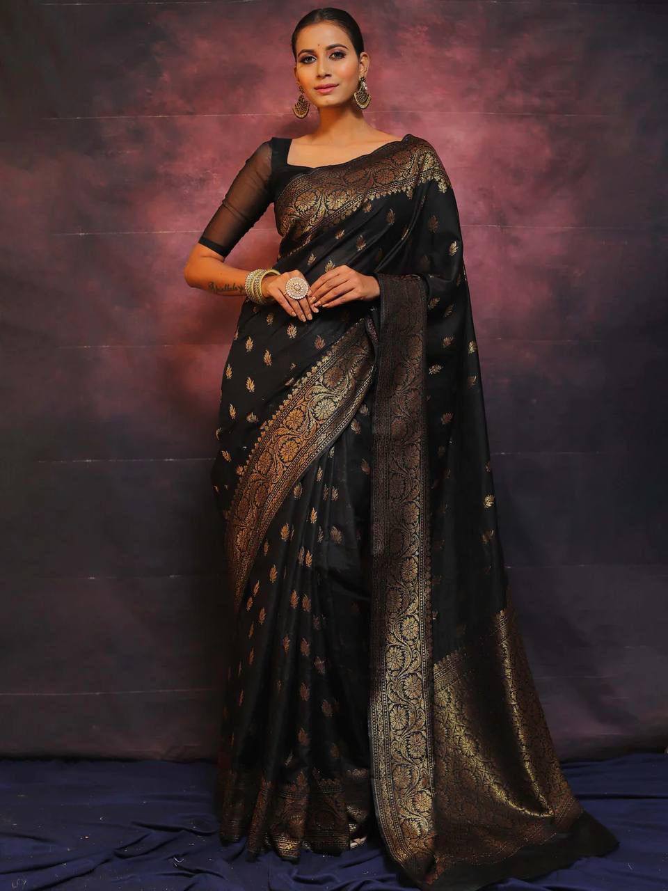 Black Silk Saree with Golden Zari Weaving and Sheer Blouse