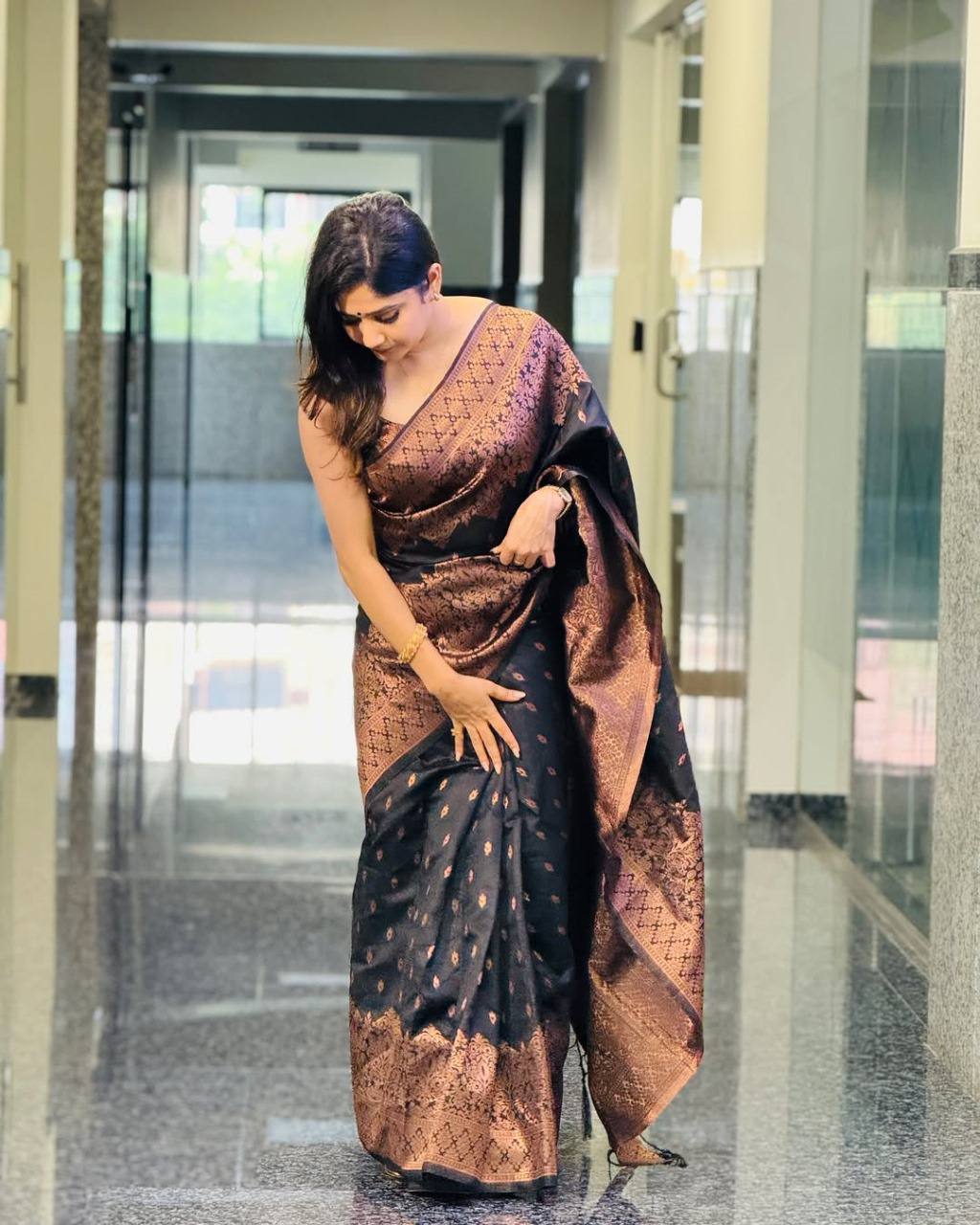 Black Silk Saree with Golden Brocade Work and Rich Border