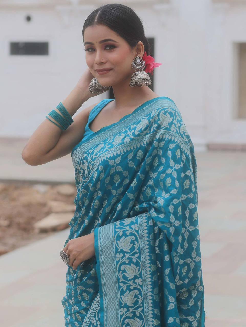 Banarasi Silk Saree in Turquoise Blue with Silver Zari Weaving