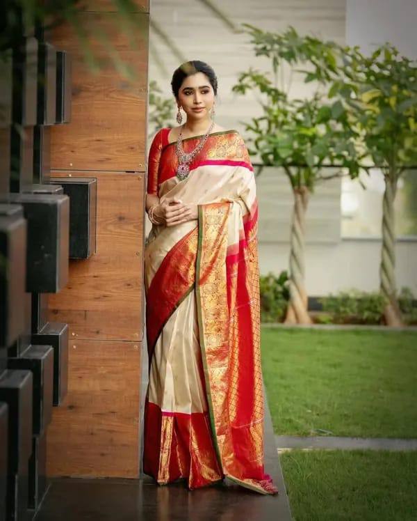 Traditional Off White Silk Saree with Red and Gold Zari Border