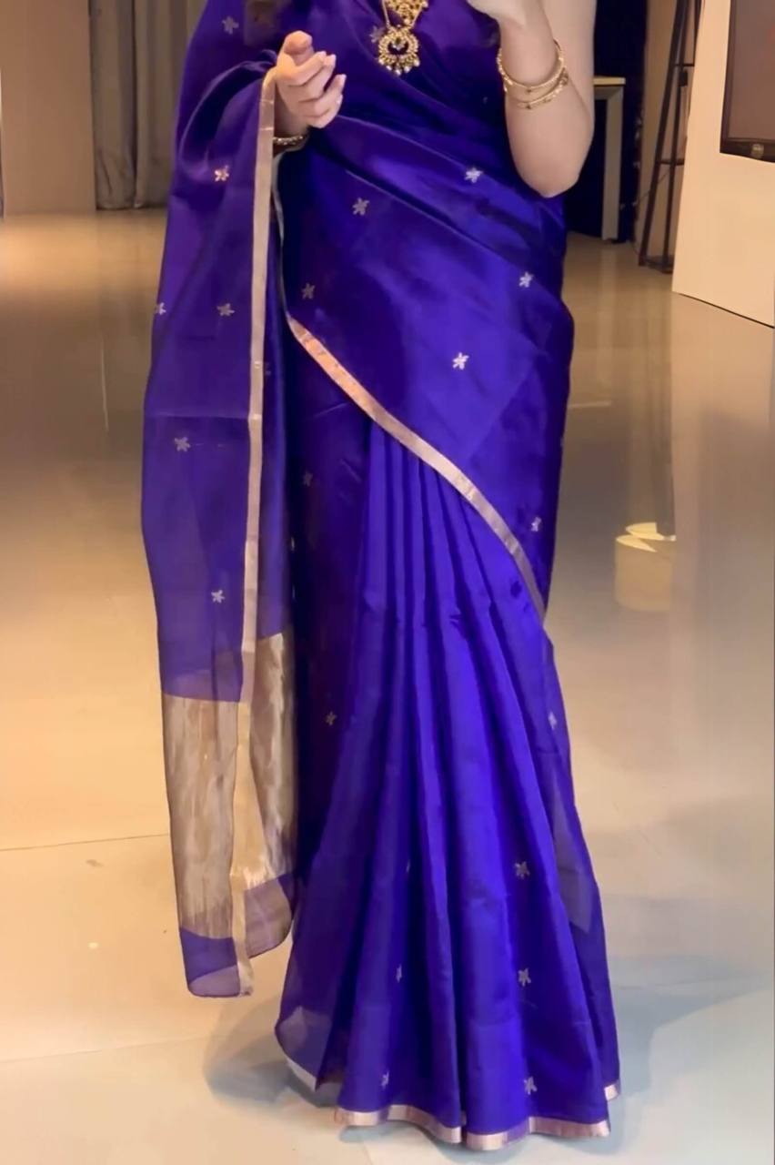 Royal Blue Silk Saree with Golden Border and Embroidered Blouse