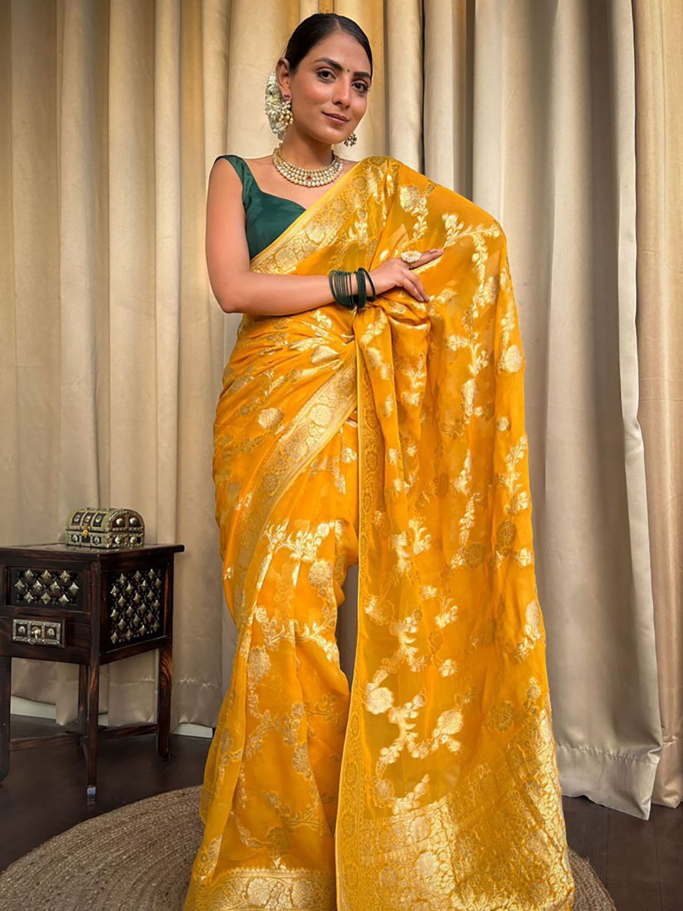 Yellow Banarasi Silk Saree with Golden Floral Weaving and Green Blouse