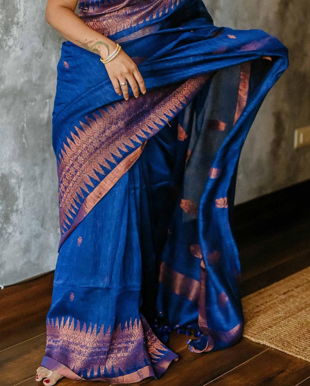 Royal Blue Silk Saree with Pink Zari Buti Work and Contrast Border