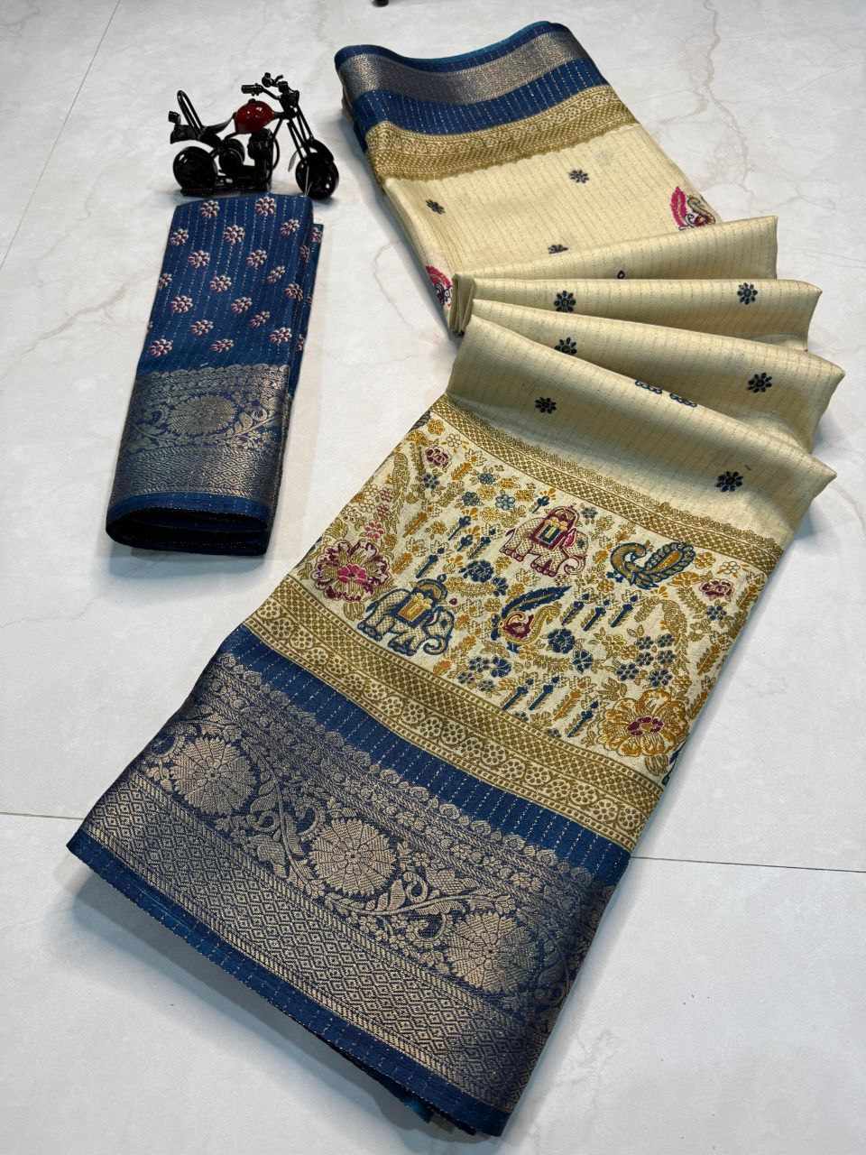 Women's Blue Dola Zari Saree with Elephant Motif, Traditional Woven Pallu & Unstitched Blouse