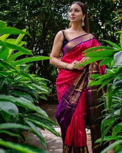 Vibrant Purple and Pink Silk Saree with Zari Border and Matching Blouse Pieces