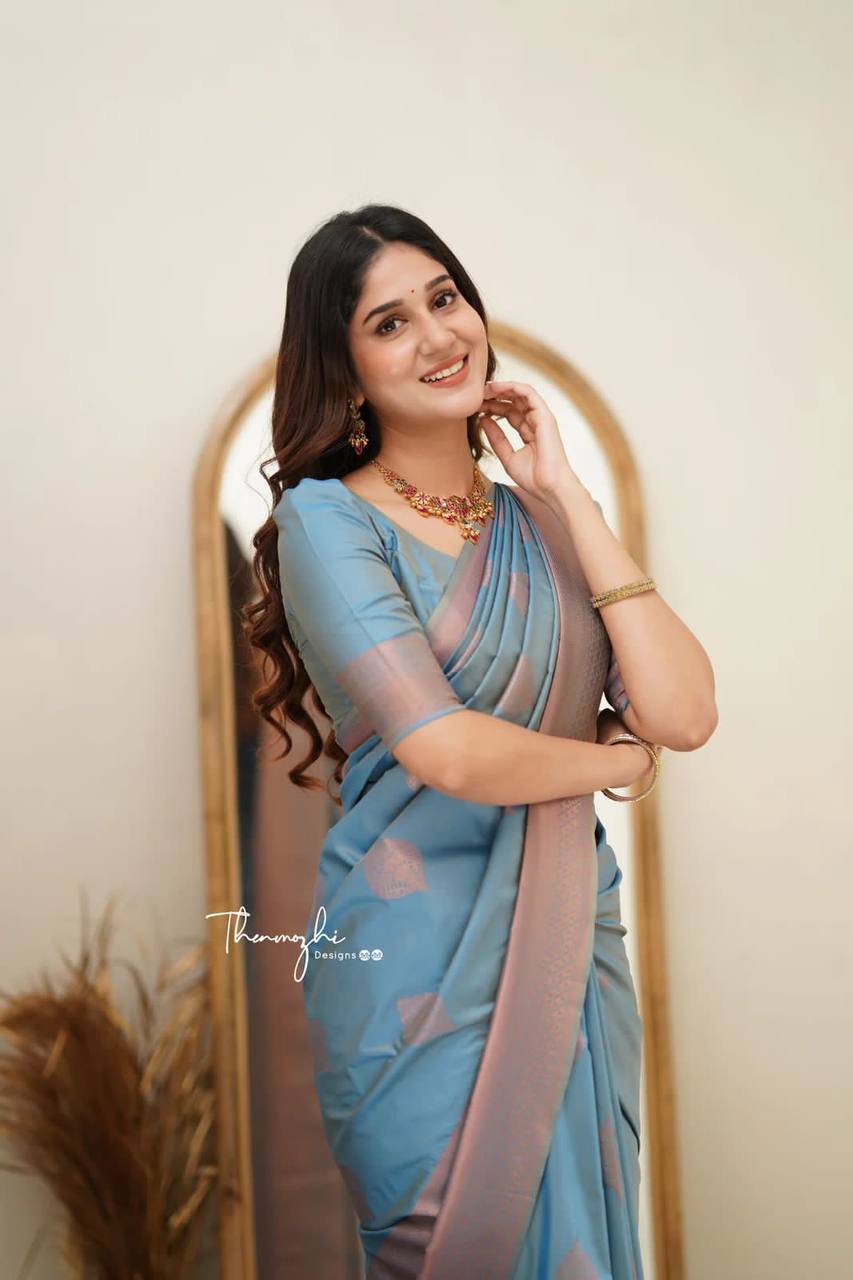 Elegant Blue Silk Saree with Pink Border and Floral Motifs