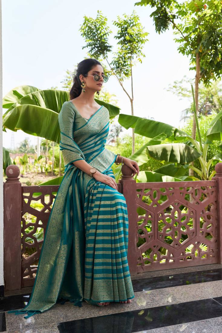 Elegant Teal Green Banarasi Silk Saree with Golden Zari Stripes