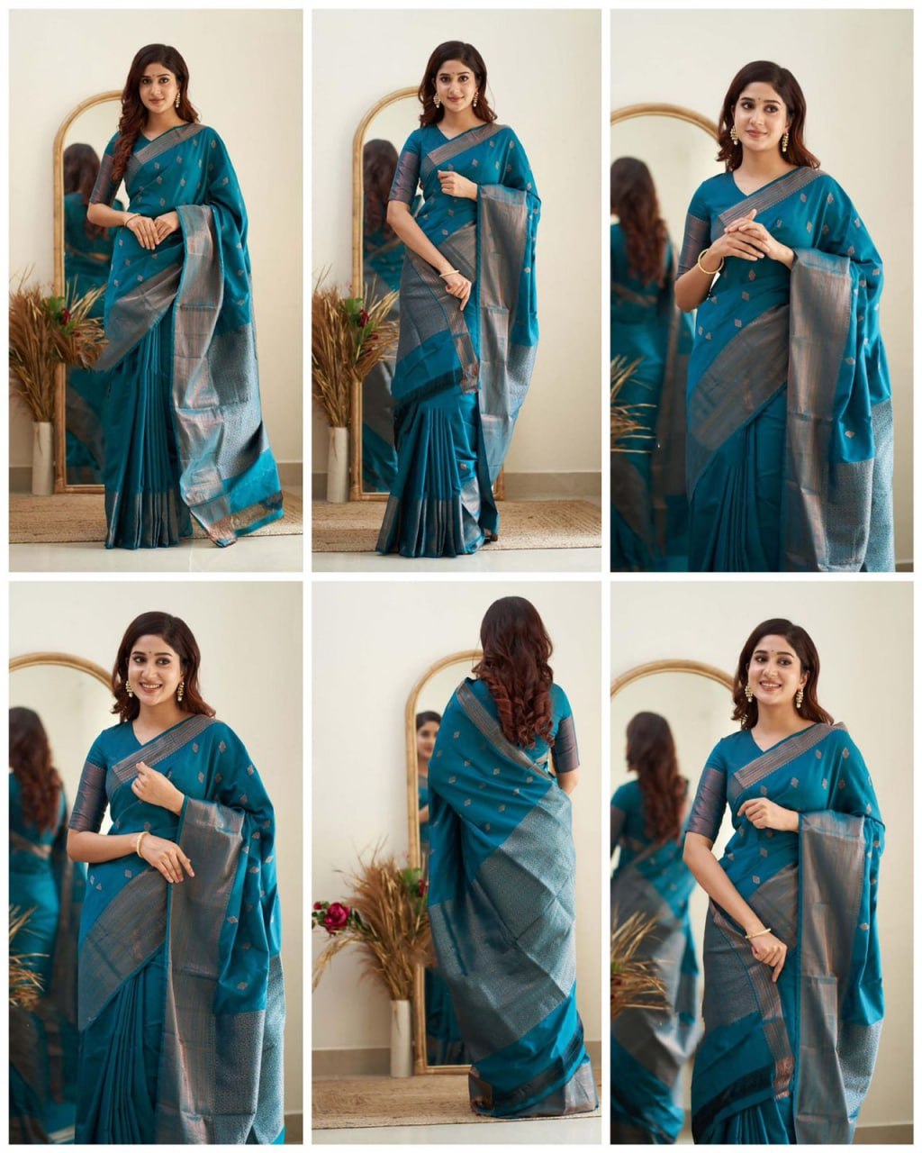 Teal Blue Silk Saree with Silver Zari Border and Brocade Blouse