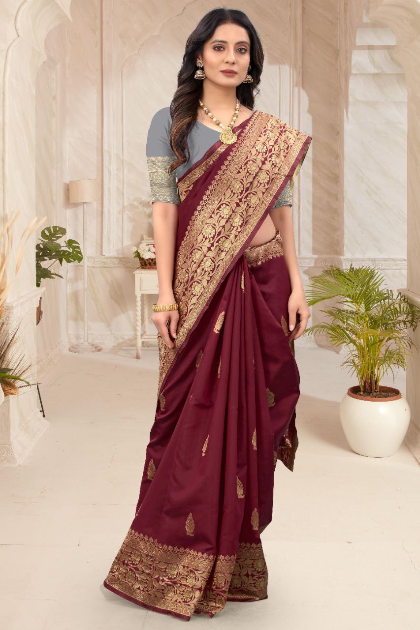 Maroon Banarasi Silk Saree with Gold Zari Border and Blouse